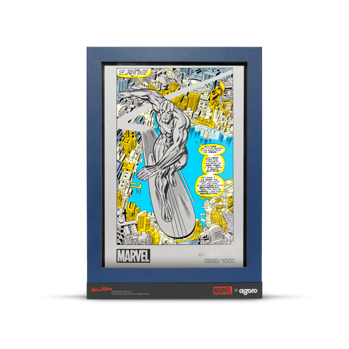 Marvel Art in Motion collectible silver foil comic book coin featuring a dynamic superhero illustration, limited edition, 0000/1000, crafted by Agoro, in a protective display frame.