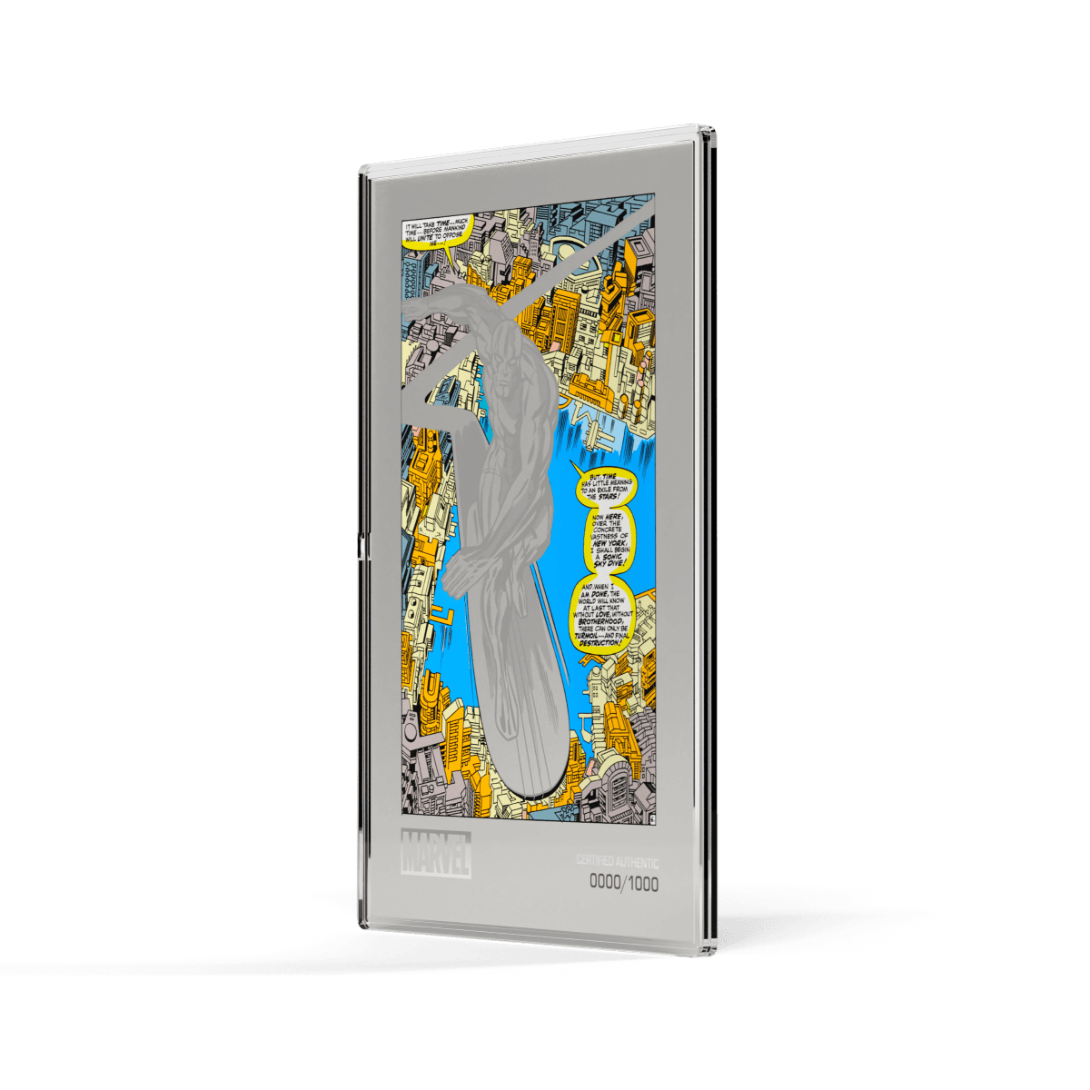 Colorful Marvel comic-inspired collectible coin case featuring a dynamic scene with speech bubbles and a cityscape background.