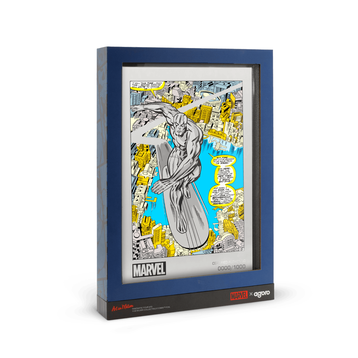 A Marvel collectible silver foil art print of The Thing from Fantastic Four, featuring vibrant comic book style artwork, encased in a display box with Marvel branding.