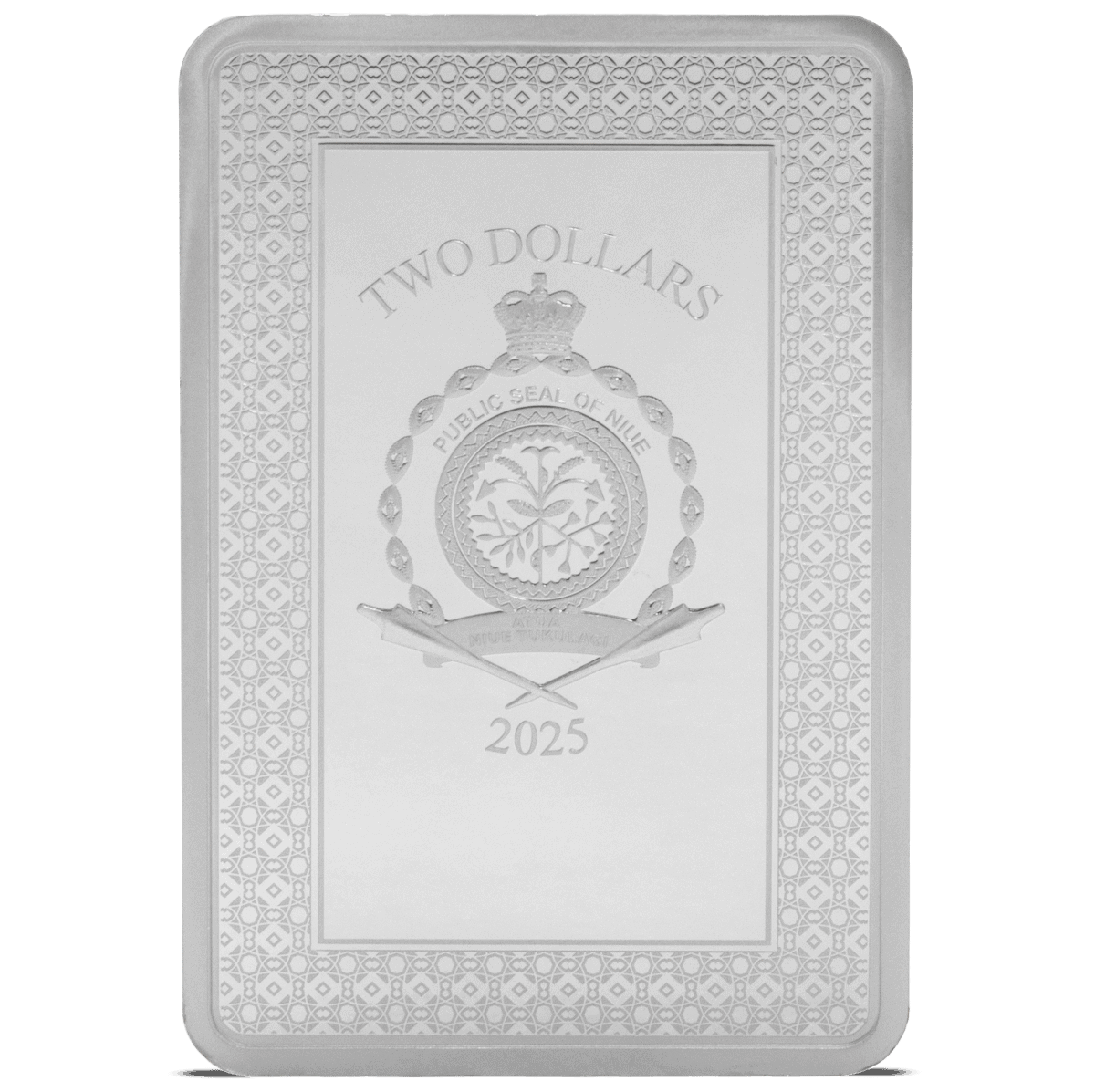 Two Dollar Niue coin 2025, silver collectible minted with detailed design of the Niue emblem and denomination.