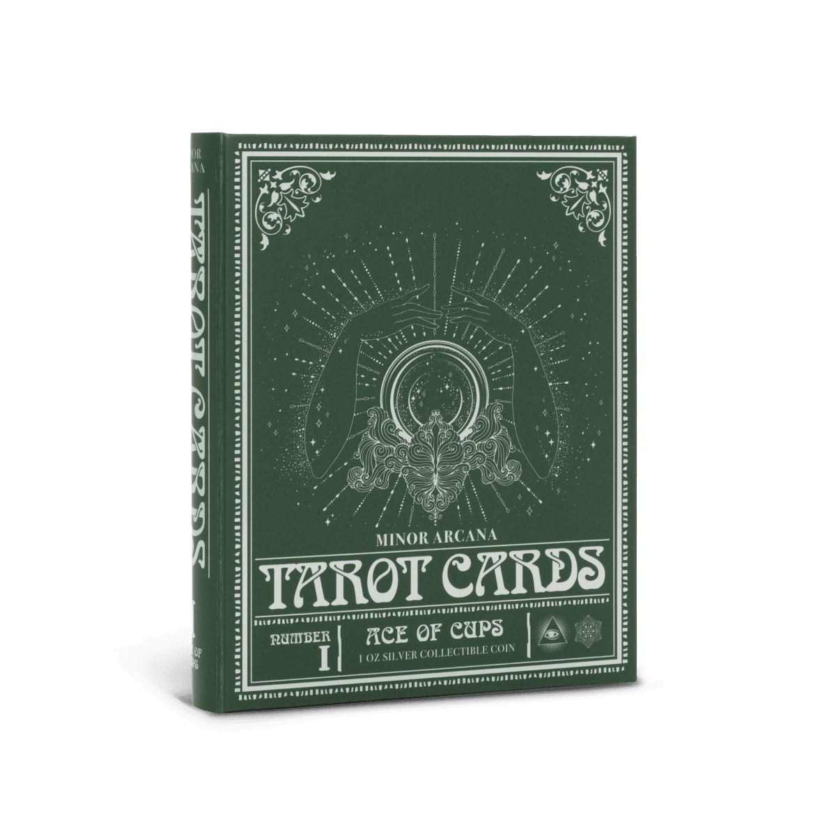Hand-drawn tarot card deck box featuring the Minor Arcana Ace of Cups, with magical and mystical starry design, silver foil accents, and intricate line art on a green background.