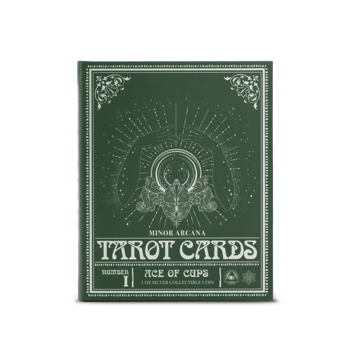 Hand-drawn tarot card deck box with mystical illustration in green and white, featuring hands and celestial symbols.