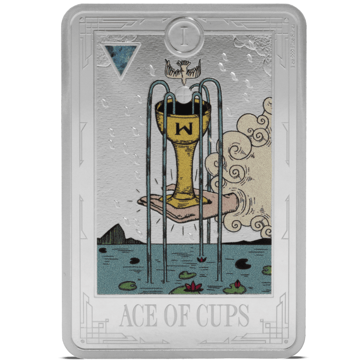 A silver collectible bar featuring the Ace of Cups tarot card design with vibrant colors and intricate details.