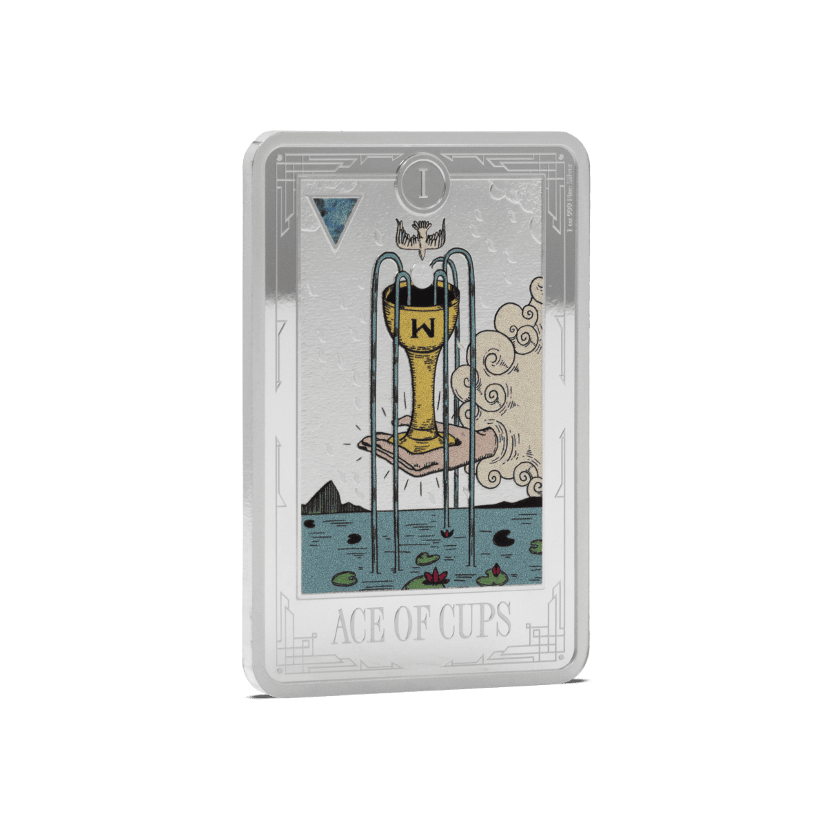 Shiny silver Ace of Cups tarot card coin from 2023 with intricate design and water lily motifs on a white background.