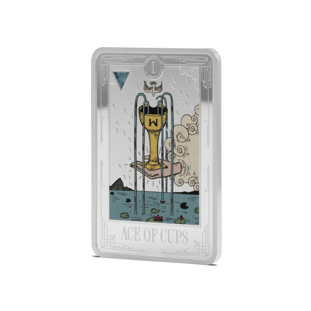 Shiny silver collectible coin featuring the Ace of Cups tarot card design with water lilies, clouds, and a hand holding a chalice labeled W, with intricate border details.