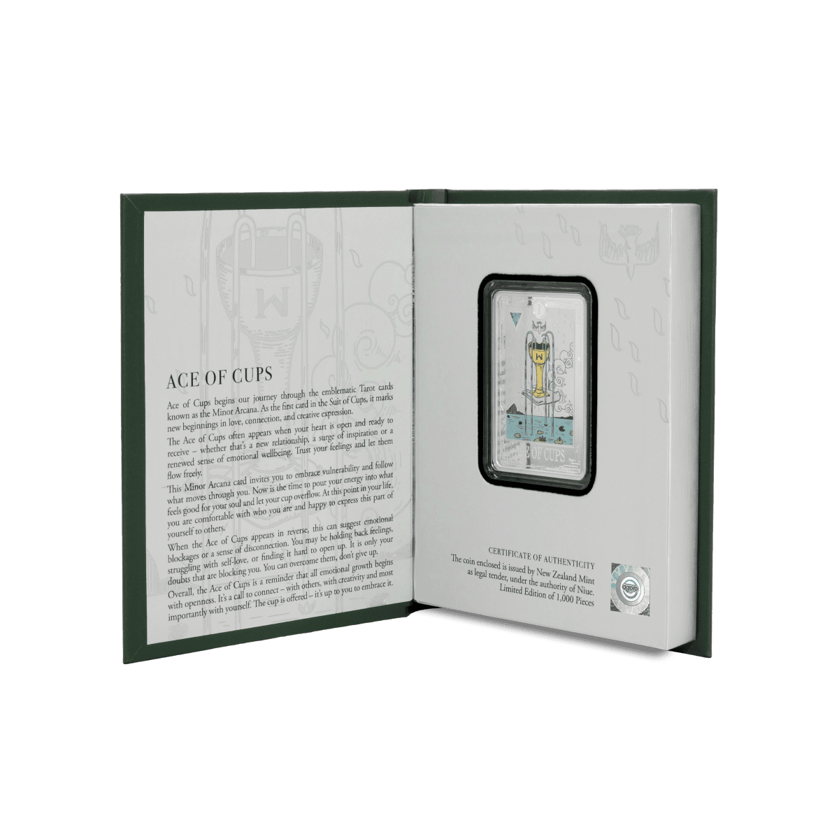 Antique collectible coin in a protective case, featuring the Ace of Cups tarot card with details on its significance and authenticity certificate.