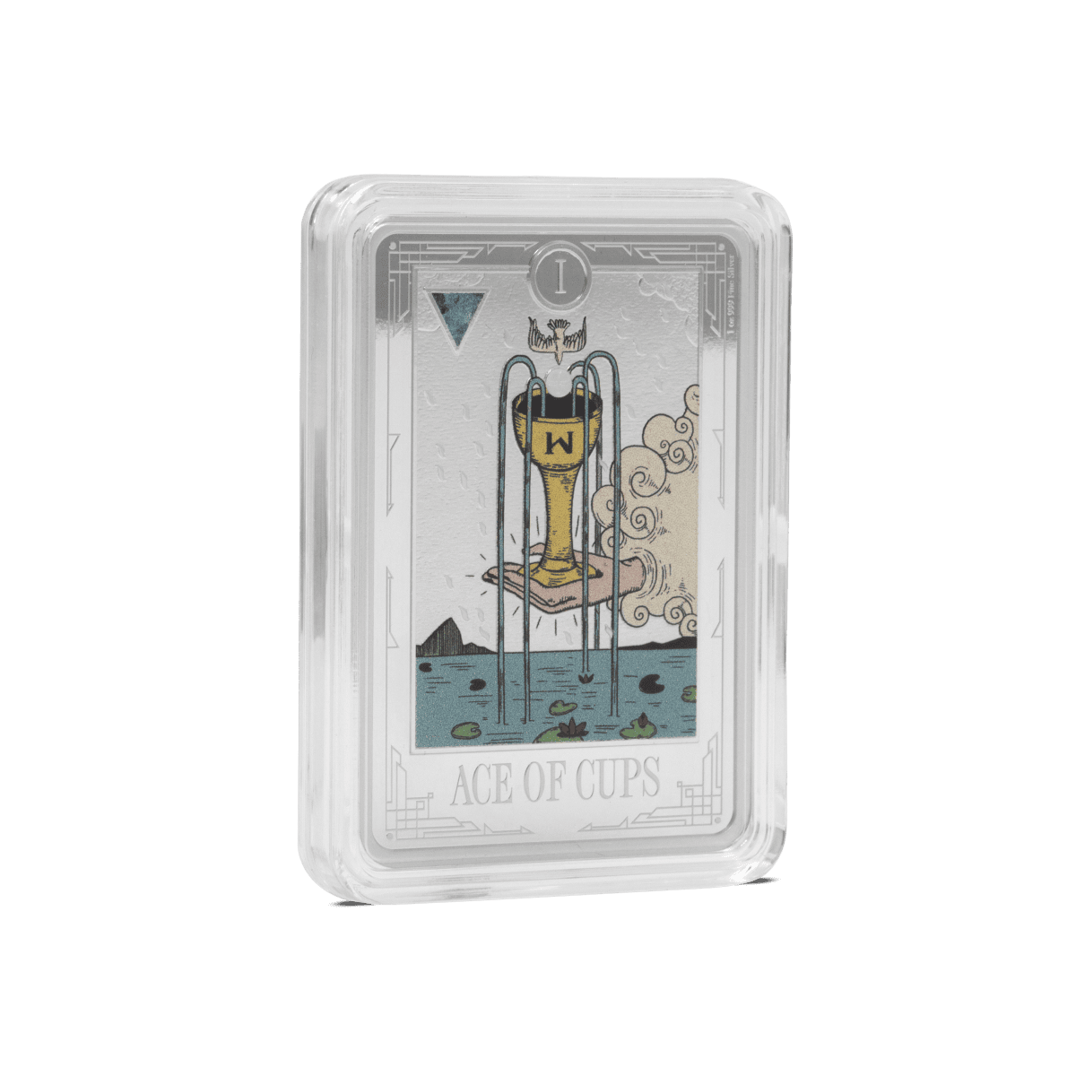 A collectible Ace of Cups tarot card coin encased in a clear protective case, showing detailed artwork with the cup and symbolic elements, ideal for collectors and tarot enthusiasts.
