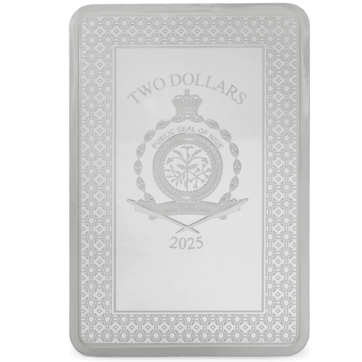 Two dollar silver coin with Niue emblem, detailed design and date 2025.
