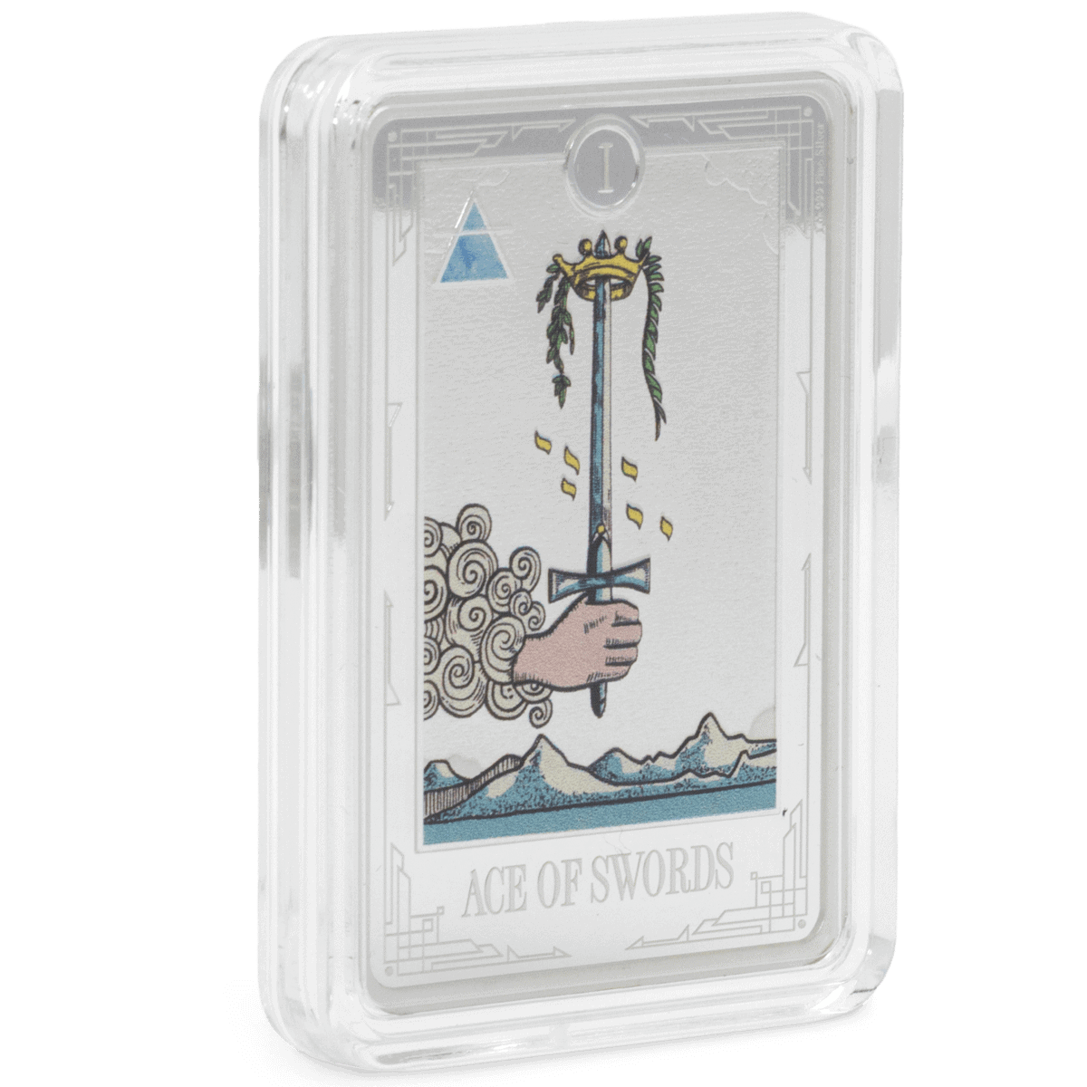 Shiny silver tarot card with a sword illustration inside a protective case.