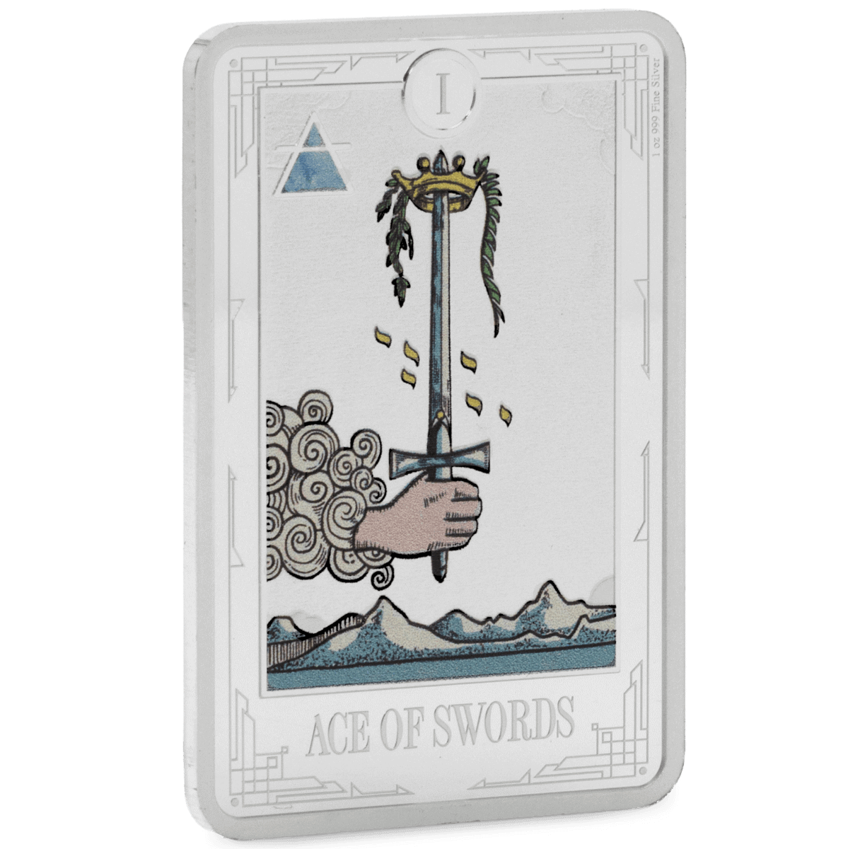 Shiny silver tarot card with a sword illustration and mountains in the background.