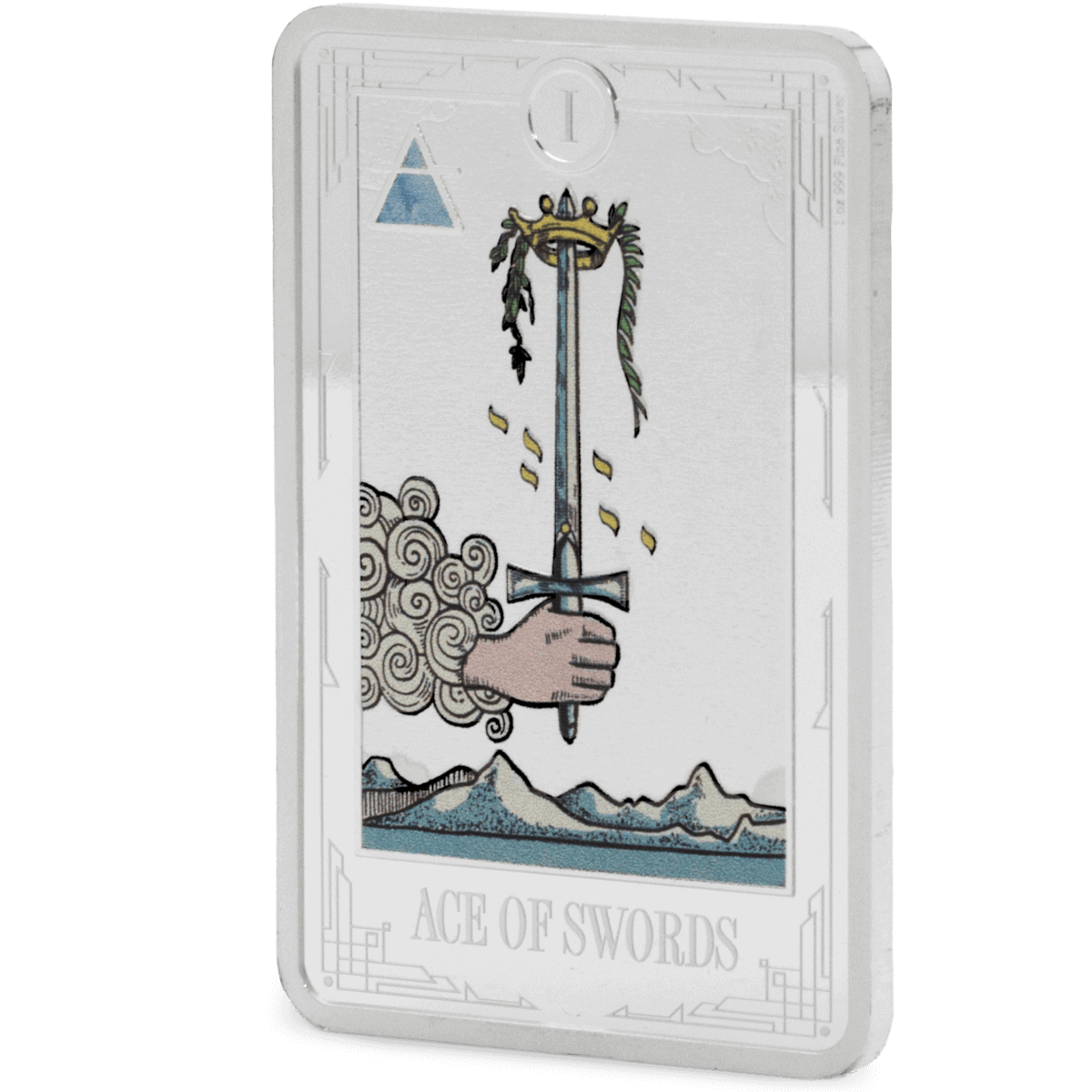 Shiny silver tarot card featuring the Ace of Swords, with intricate designs and mountain scenery.