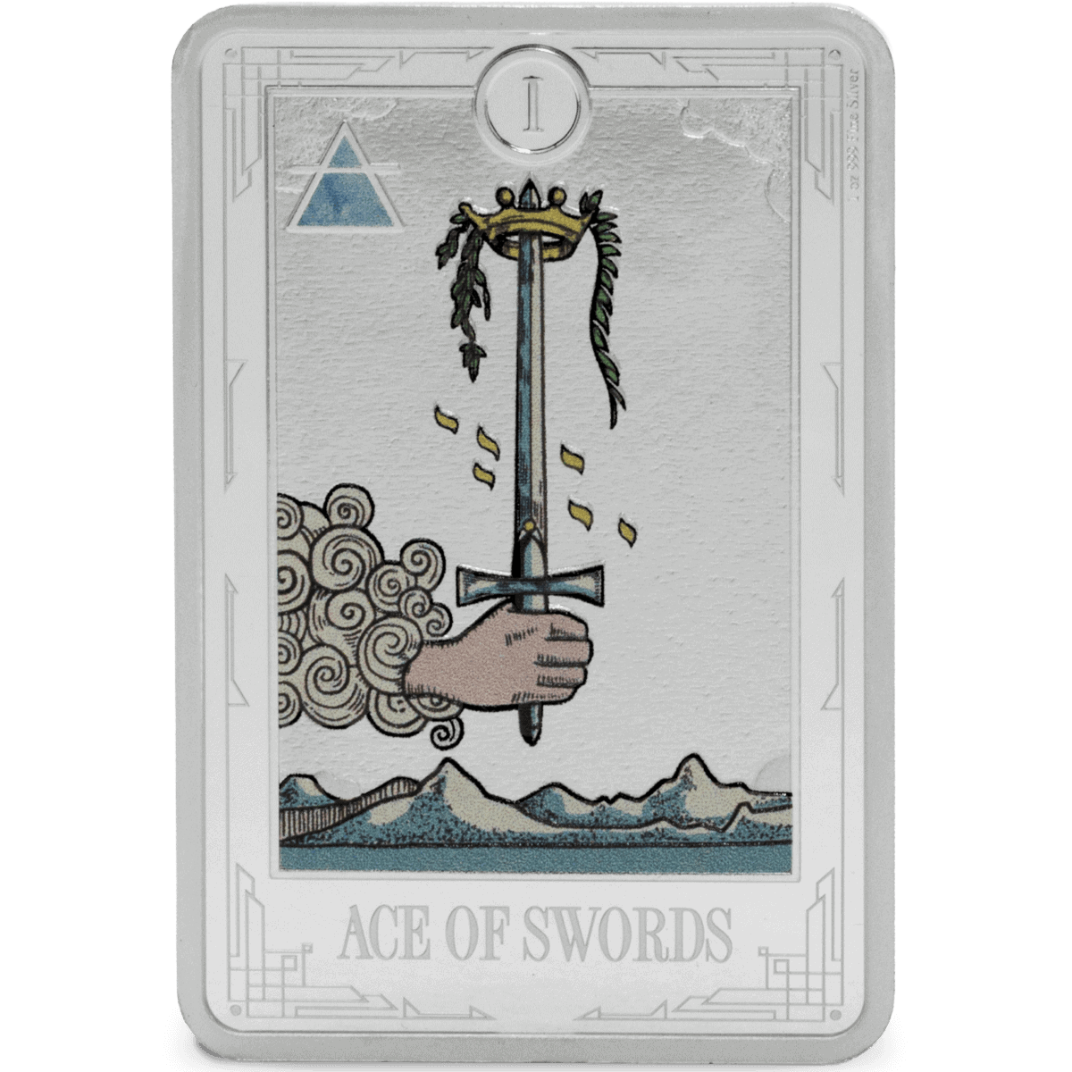 Shaded close-up of the Ace of Swords tarot card featuring a hand holding a sword. Mountain landscape backdrop, detailed illustration, silver edging.