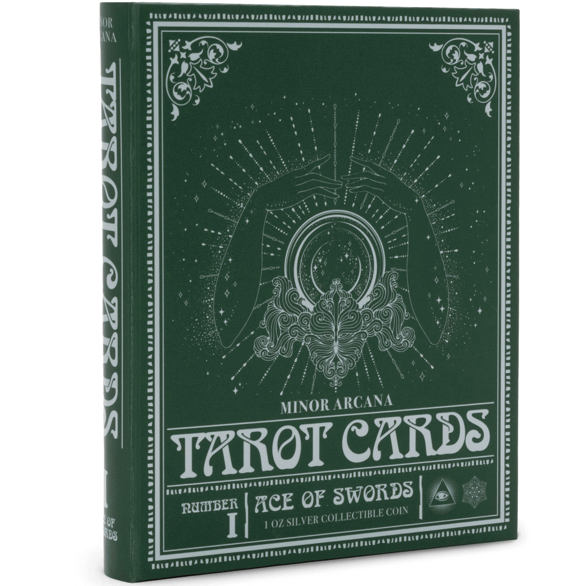 Shiny green tarot card box featuring celestial hands and mystical symbols.