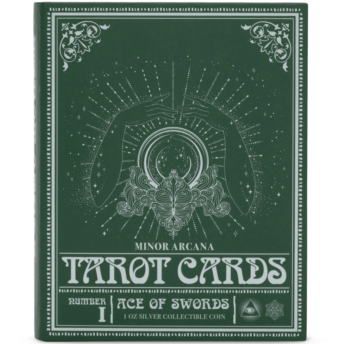 Shiny green card deck with white line art featuring mystical tarot imagery and themed symbols.