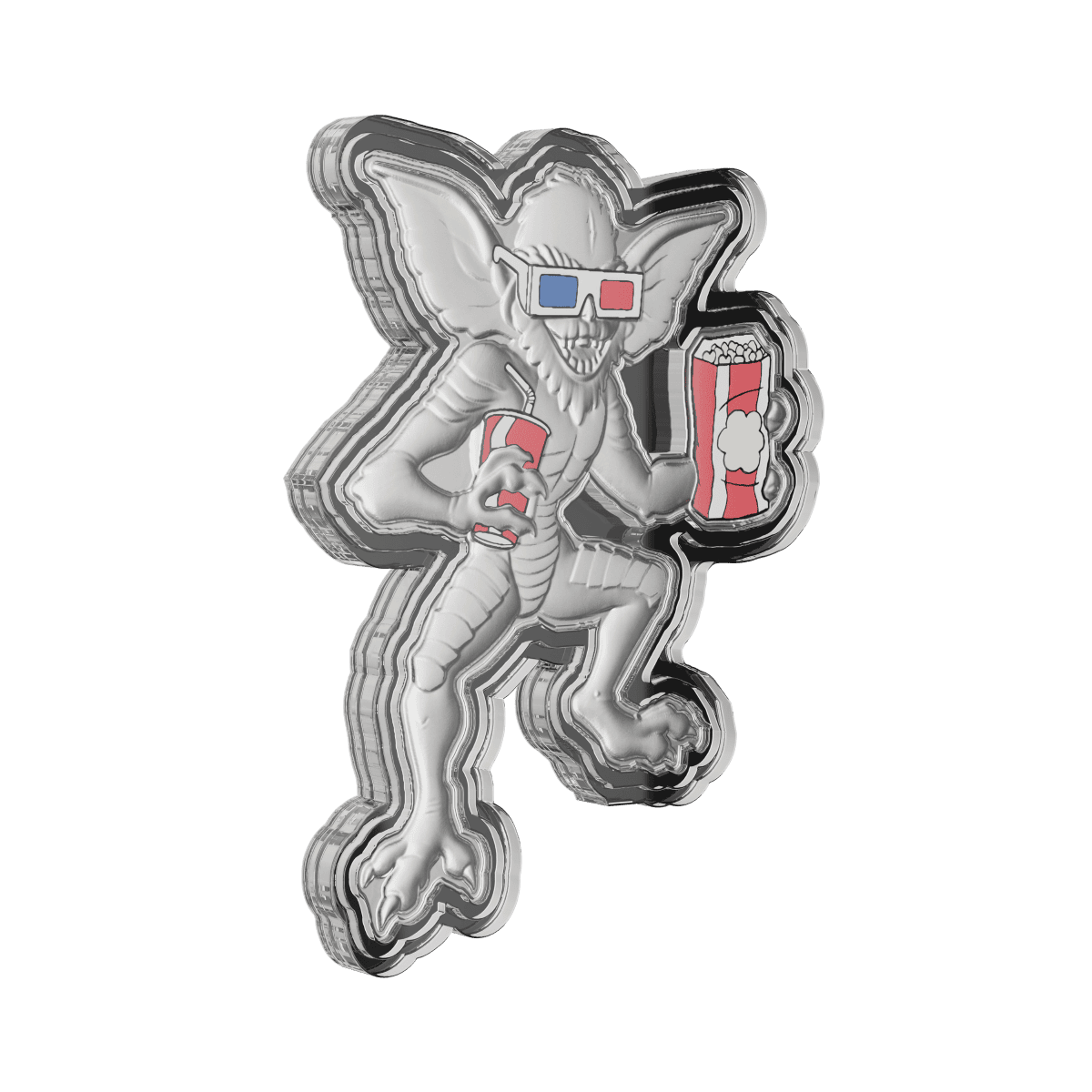 Silver collectible coin featuring Gremlin character with 3D glasses holding popcorn and soda, detailed engraving, with an edgy and playful design perfect for collectors.