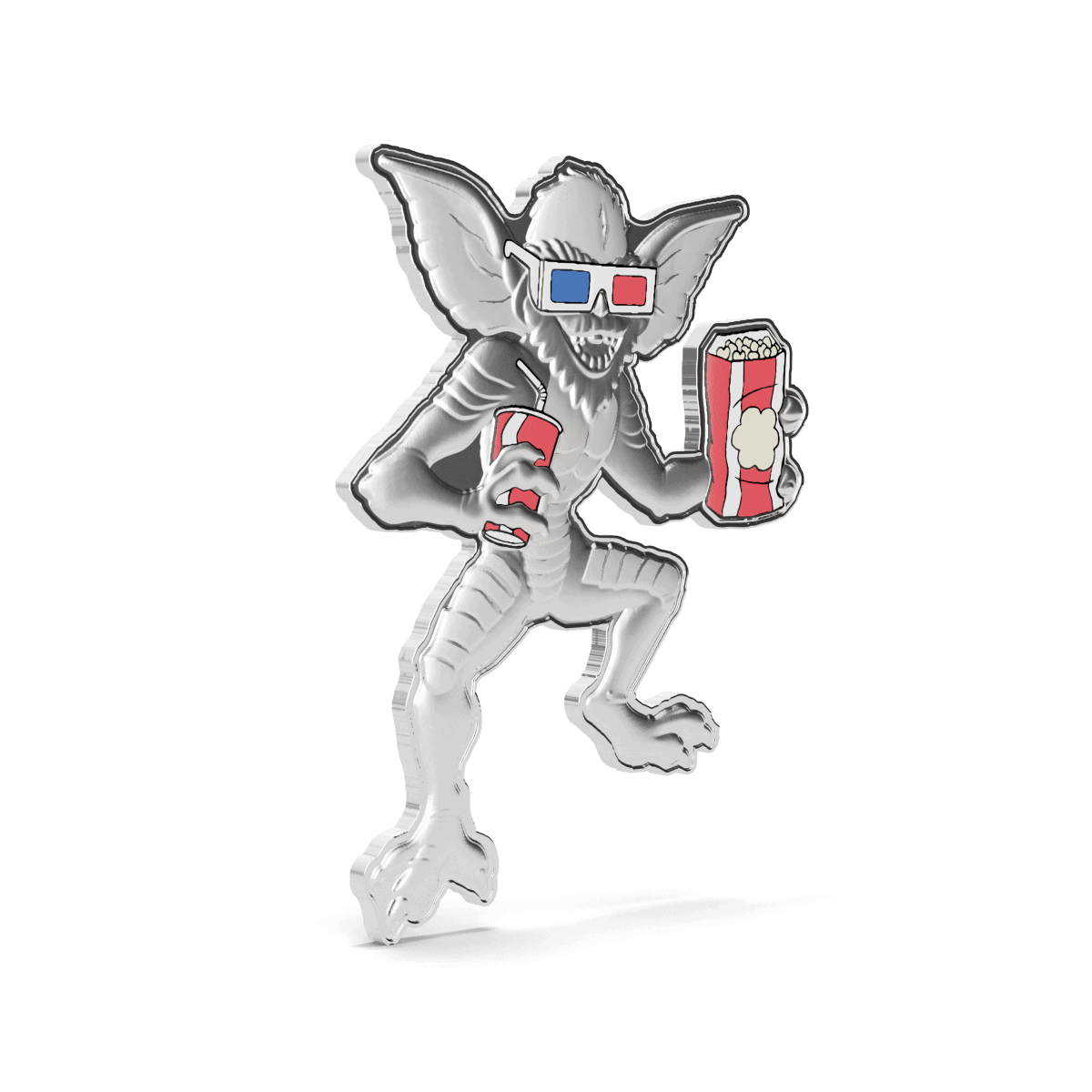 Diamondback creature vintage coin with 3D design, holding soda cans and wearing 3D glasses, showcasing detailed features and playful character.