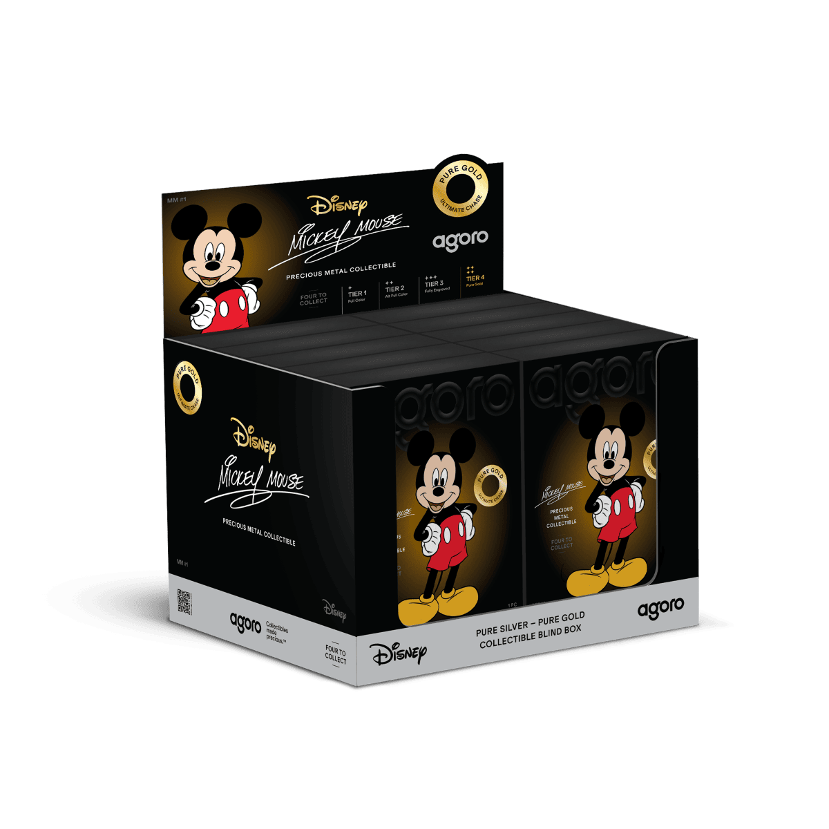 Mickey Mouse collectible metal coin set in a black display box, featuring pure gold and silver coins with classic Disney design.