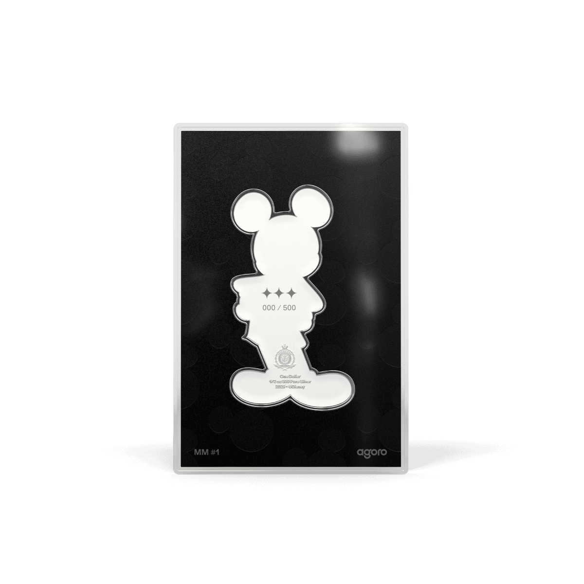 Mickey Mouse silver collectible coin, limited edition 000/500, 2020, official licensed merchandise, featuring Mickey's silhouette on reflective backing.