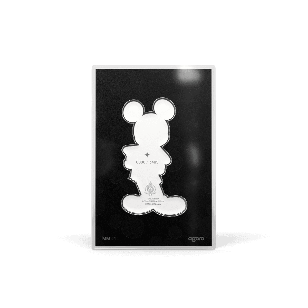 Shibuya Mickey Mouse silver collectible coin in protective casing from 2023, limited edition number 0000/3485, featuring Disney character in a sleek design.
