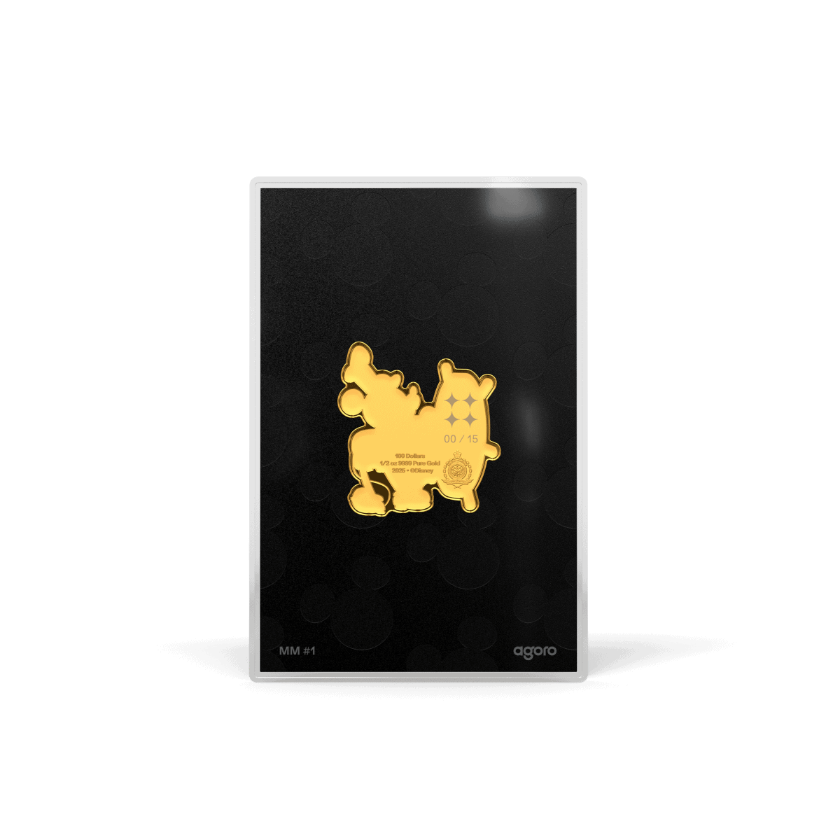Gold collectible coin featuring a stylized bear design, limited to 15 pieces, with inscriptions including "400 Dollars," "1/2 oz Pure Gold," and the year 2018 – a commemorative item for the 75th anniversary.