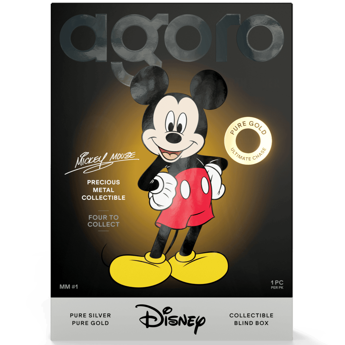Mickey Mouse collectible coin packaging, Disney gold and silver coin in black display box with golden accents, dated 2023, featuring classic cartoon character design.