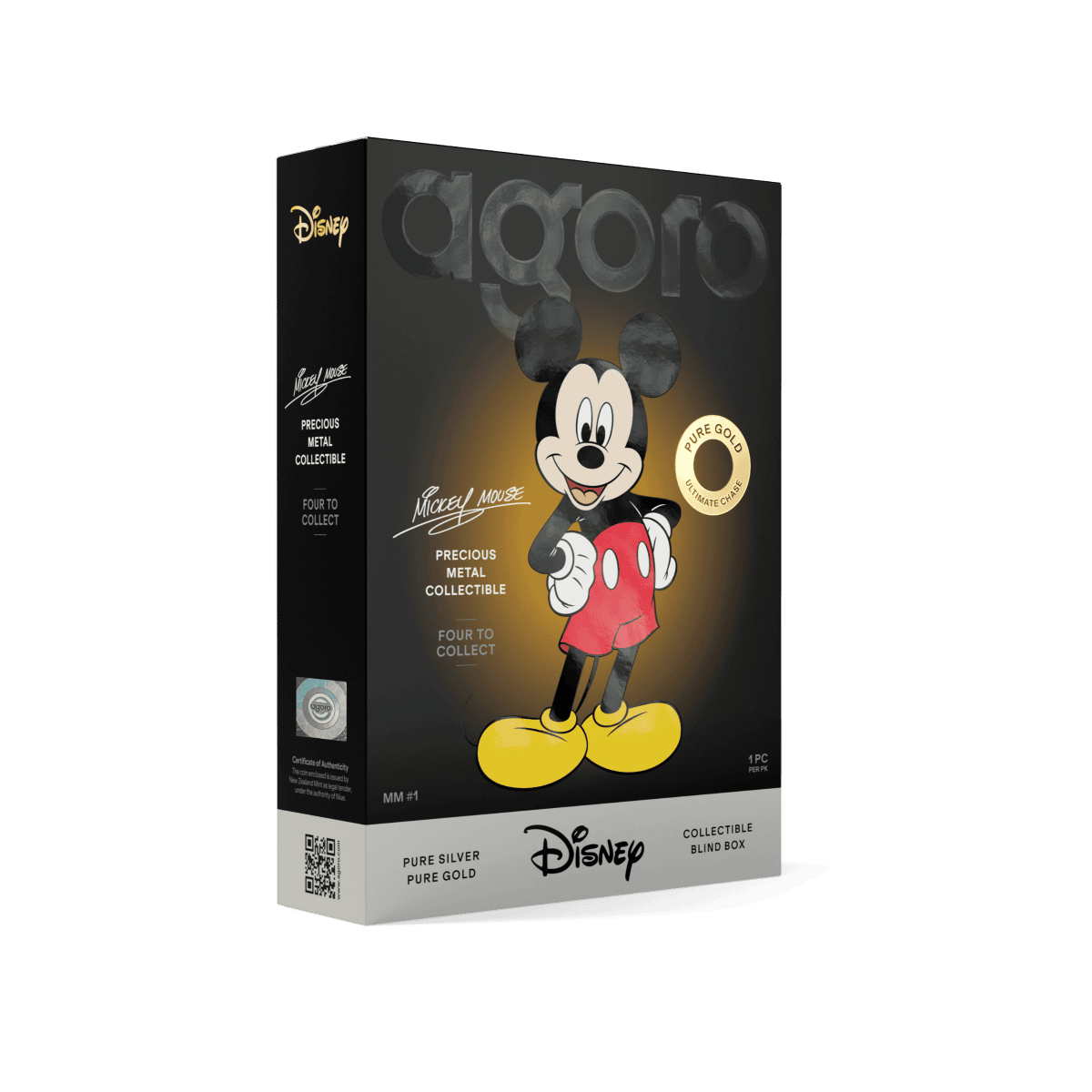 Mickey Mouse collectible coin packaging featuring Disney's classic character with gold accents and "Pure Gold" label.