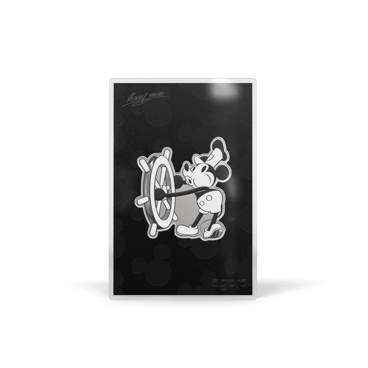 Mickey Mouse collectible enamel pin featuring Mickey at the ship's wheel, in a monochrome design. Perfect for Disney fans and collectors of vintage-style Disney memorabilia.