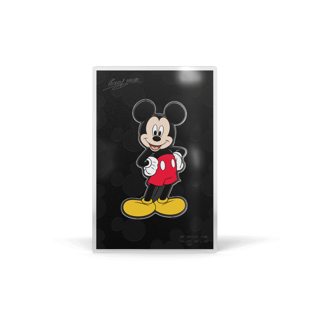 Mickey Mouse collectible enamel pin on a black background, featuring Mickey's classic smiling face with red shorts, yellow shoes, and white gloves, licensed by Disney.