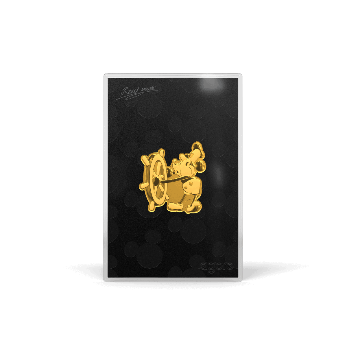 Gold Mickey Mouse collectible pin mounted on a black display card.