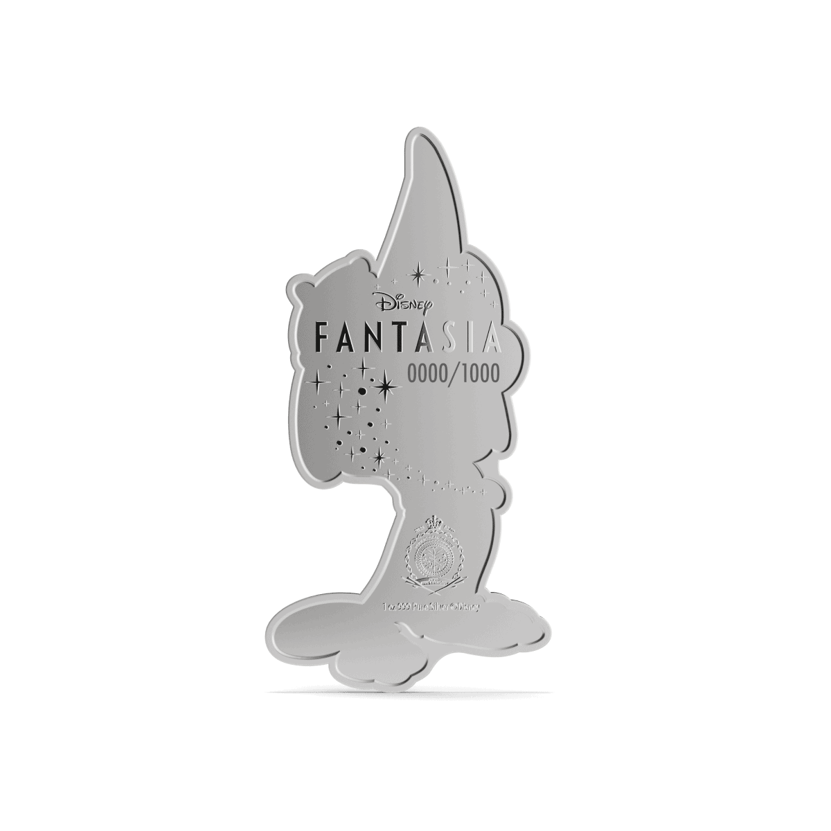Shiny silver Disney Fantasia collectible coin featuring a silhouette of a character with stars and sparkles, engraved with edition number 0000/1000.