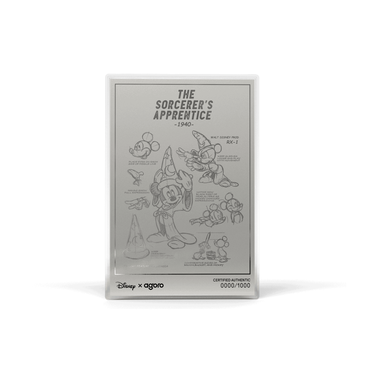 Vintage Disney collectible coin featuring "The Sorcerer's Apprentice" from 1940, with detailed sketches and inscriptions, certified authentic number 0000/1000.
