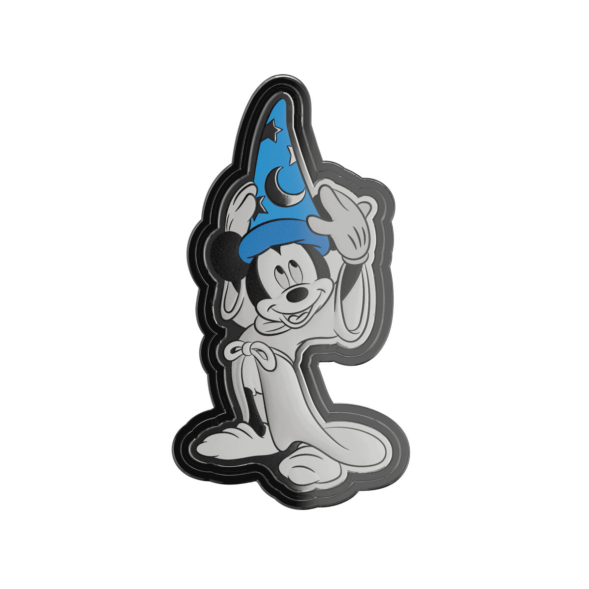 Mickey Mouse collectible coin with a blue wizard hat featuring stars and a crescent moon, on a black background.
