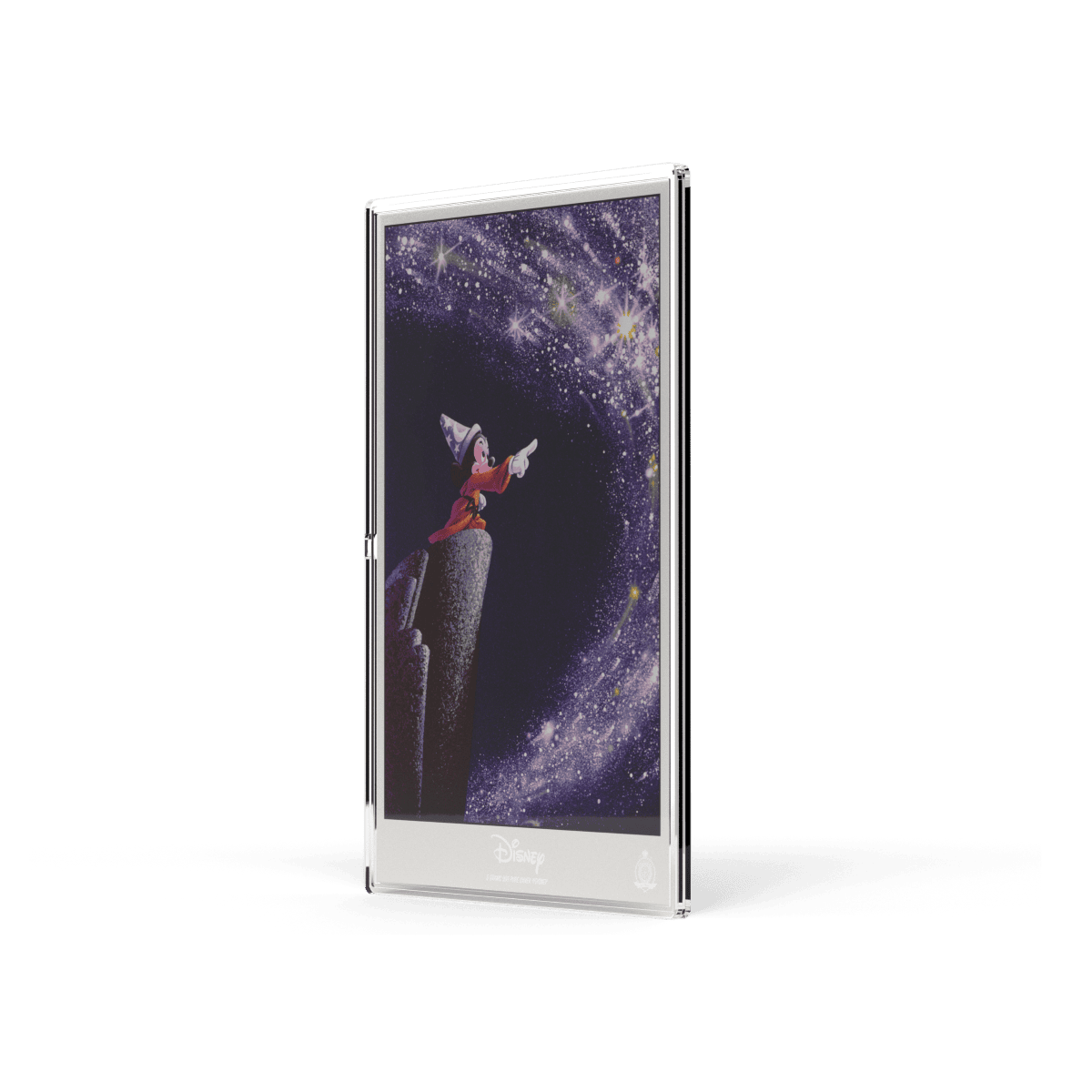 Acrylic display case for Disney collectible art featuring Sorcerer Mickey Mouse from Fantasia surrounded by a starry galaxy.