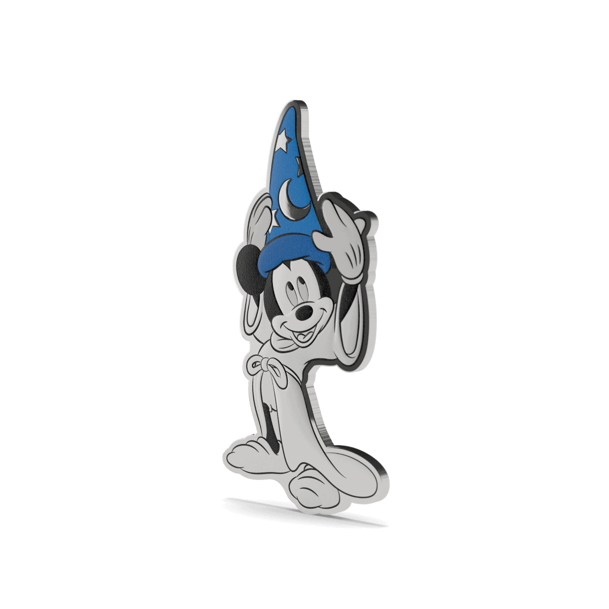 Mickey Mouse wearing a wizard hat with moon and star designs, in a coin collectible style.