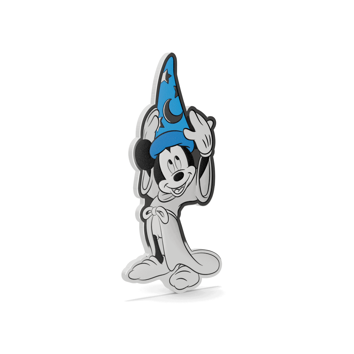 Mickey Mouse wearing a blue wizard hat with stars and moon, holding the brim, in a colorful cartoon style.