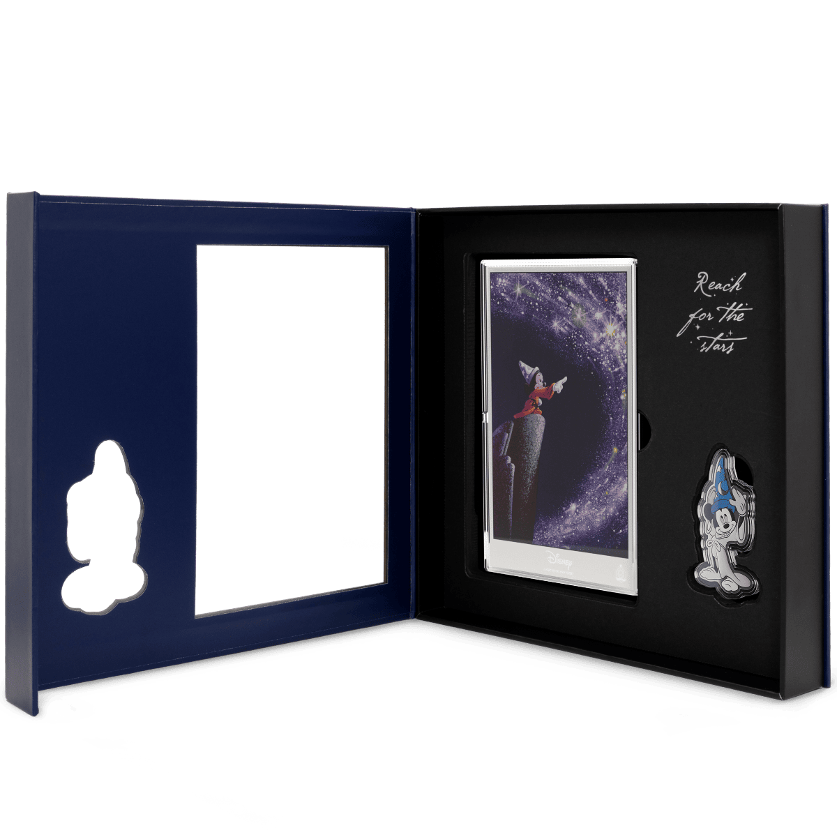 Disney Mickey Mouse collectible coin set with a space-themed display case, featuring a wizard Mickey illustration and a "Reach for the Stars" inscription.