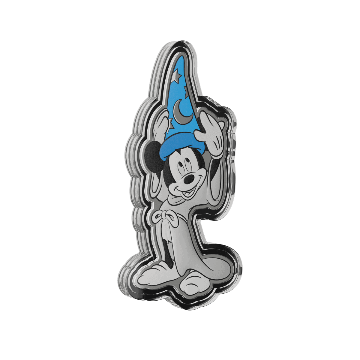 Colorful Mickey Mouse collectible coin featuring Mickey in a wizard outfit with a blue hat, waving with a celestial background, 2023, USA.