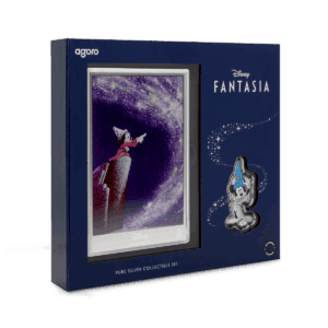 Shiny silver collectible Disney Fantasia pin and display packaging featuring Mickey Mouse as the Sorcerer's Apprentice against a starry night sky.
