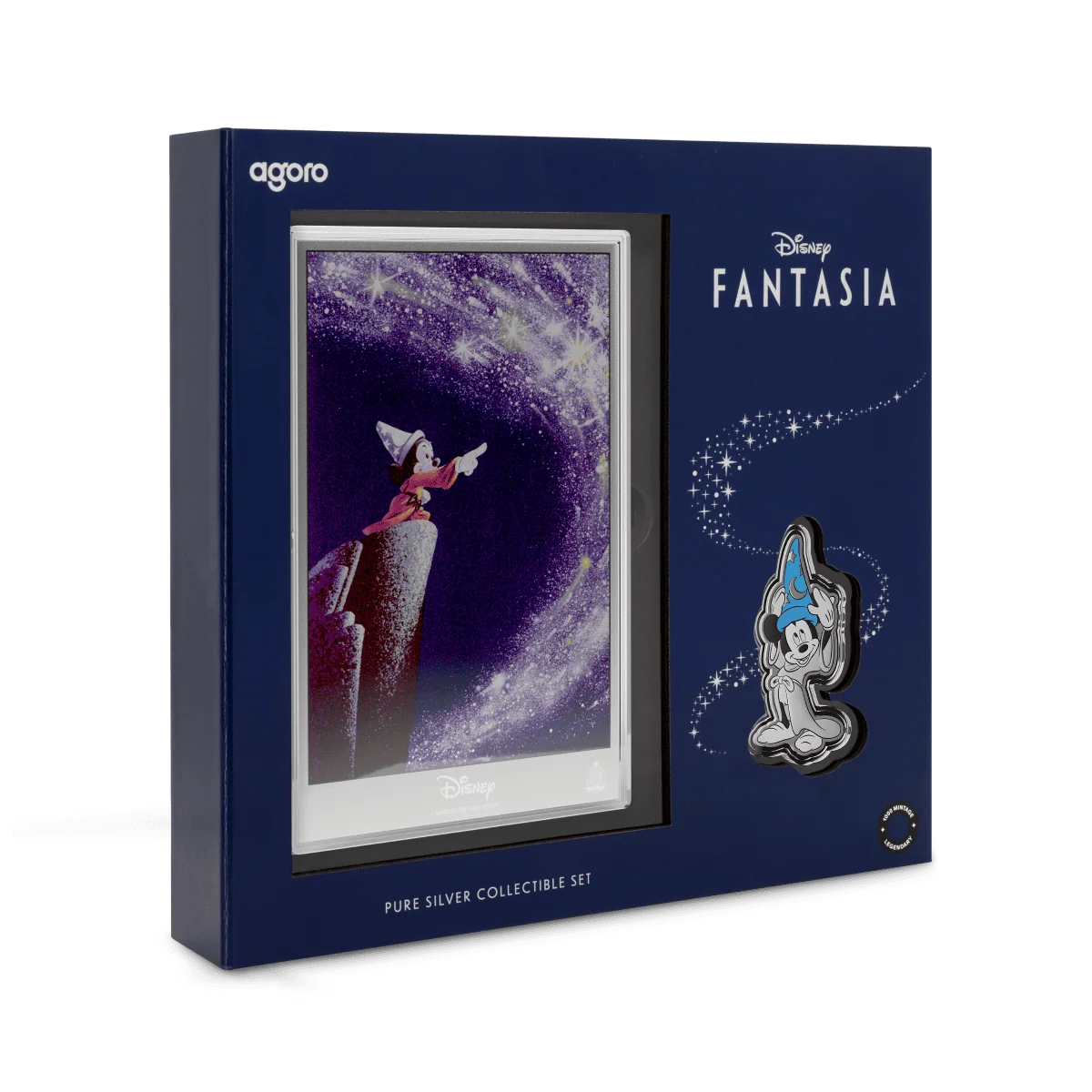 Shiny silver collectible Disney Fantasia pin and display packaging featuring Mickey Mouse as the Sorcerer's Apprentice against a starry night sky.