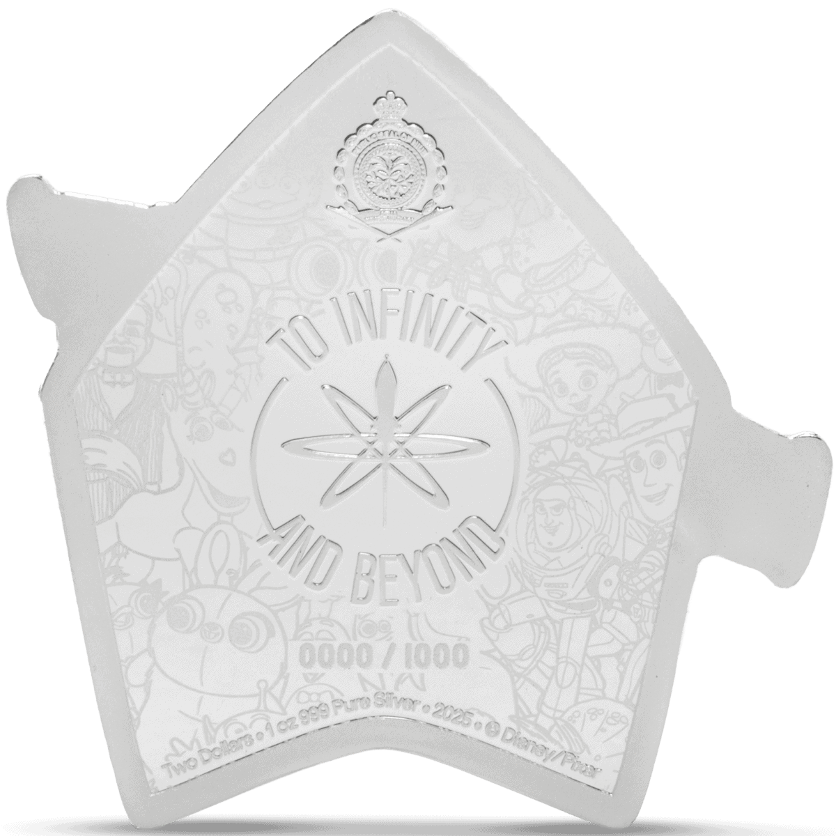 Shiny silver collectible coin shaped like a rocket, engraved with "To Infinity and Beyond" and Disney characters, with a limited edition number 0000/1000 and the year 2025.