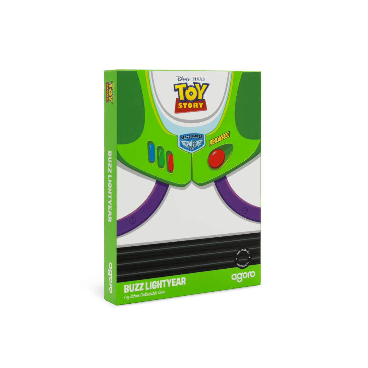 Toy story collectible coin packaging featuring Buzz Lightyear design, green and purple color scheme, 1 gram silver, from Pixar Disney movie memorabilia, perfect for fans and collectors.