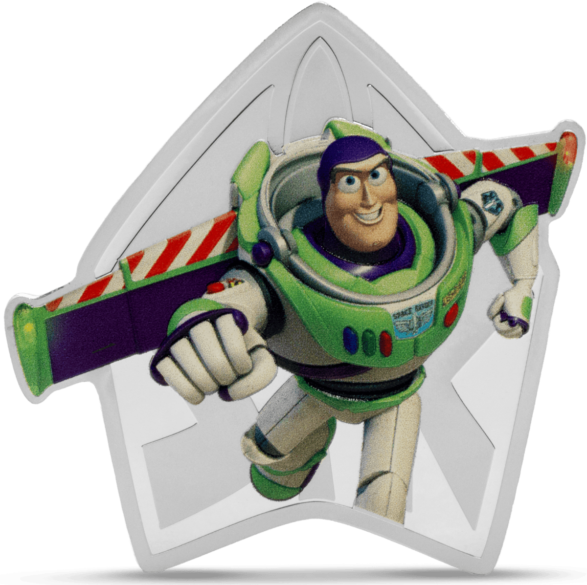 Buzz Lightyear collectible coin with colorful design and detailed image from Toy Story, features year 2023, imported from the movies, perfect for Disney and Pixar fans.