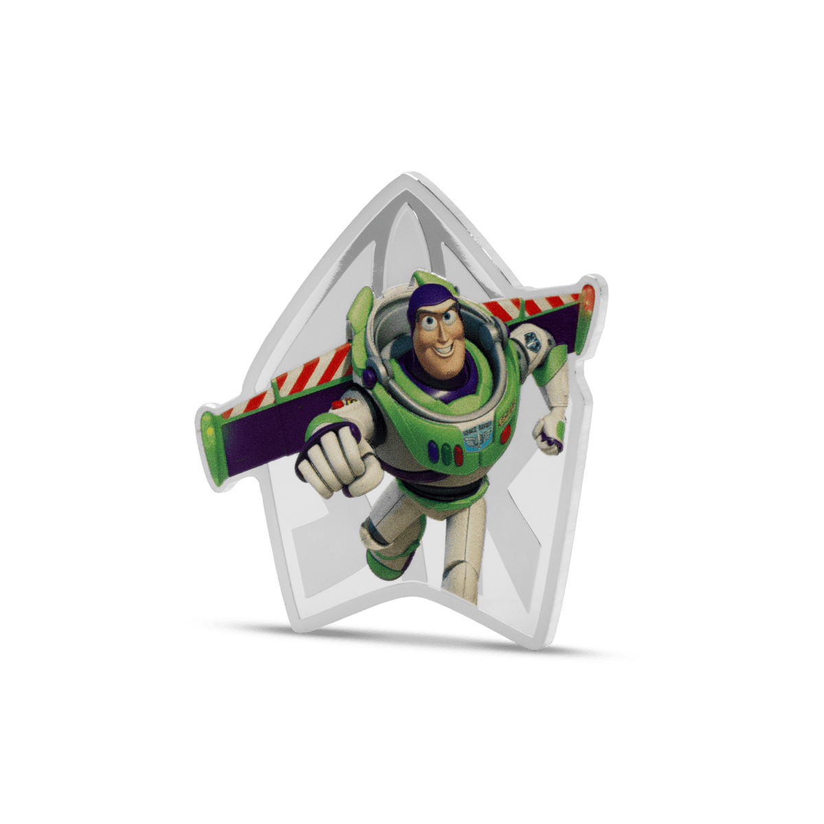 Colorful Toy Story Buzz Lightyear collectible pin featuring a vibrant design on a star-shaped backing. Perfect for Disney and Pixar fans, capturing the adventurous spirit of the beloved character.