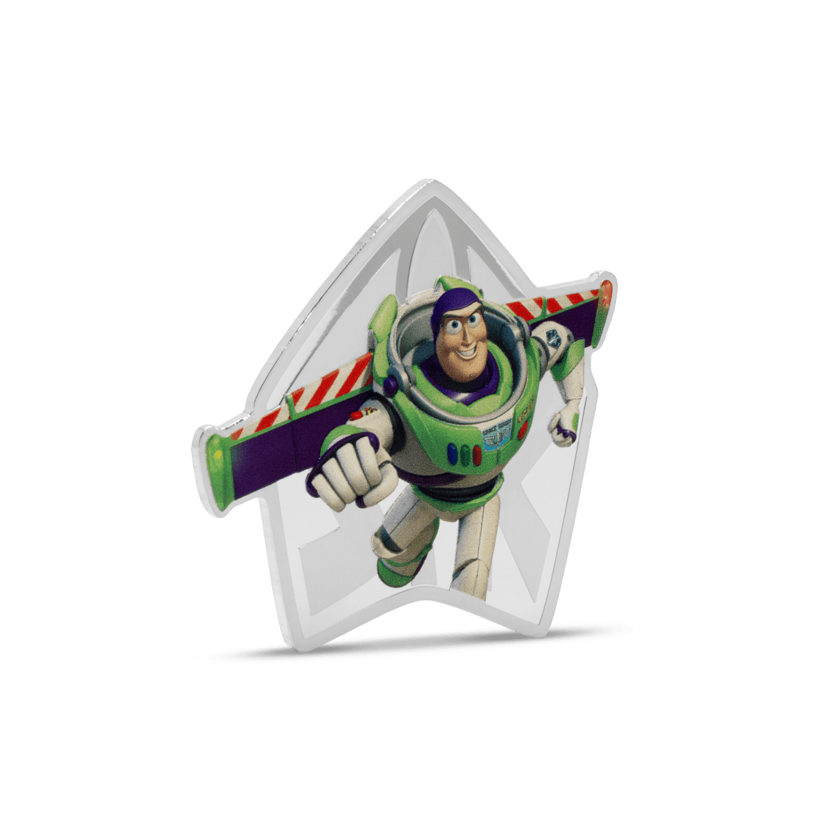 Buzz Lightyear collectible coin featuring a 3D depiction from Toy Story - green, purple, and white design elements, star-shaped background, detailed character rendering.