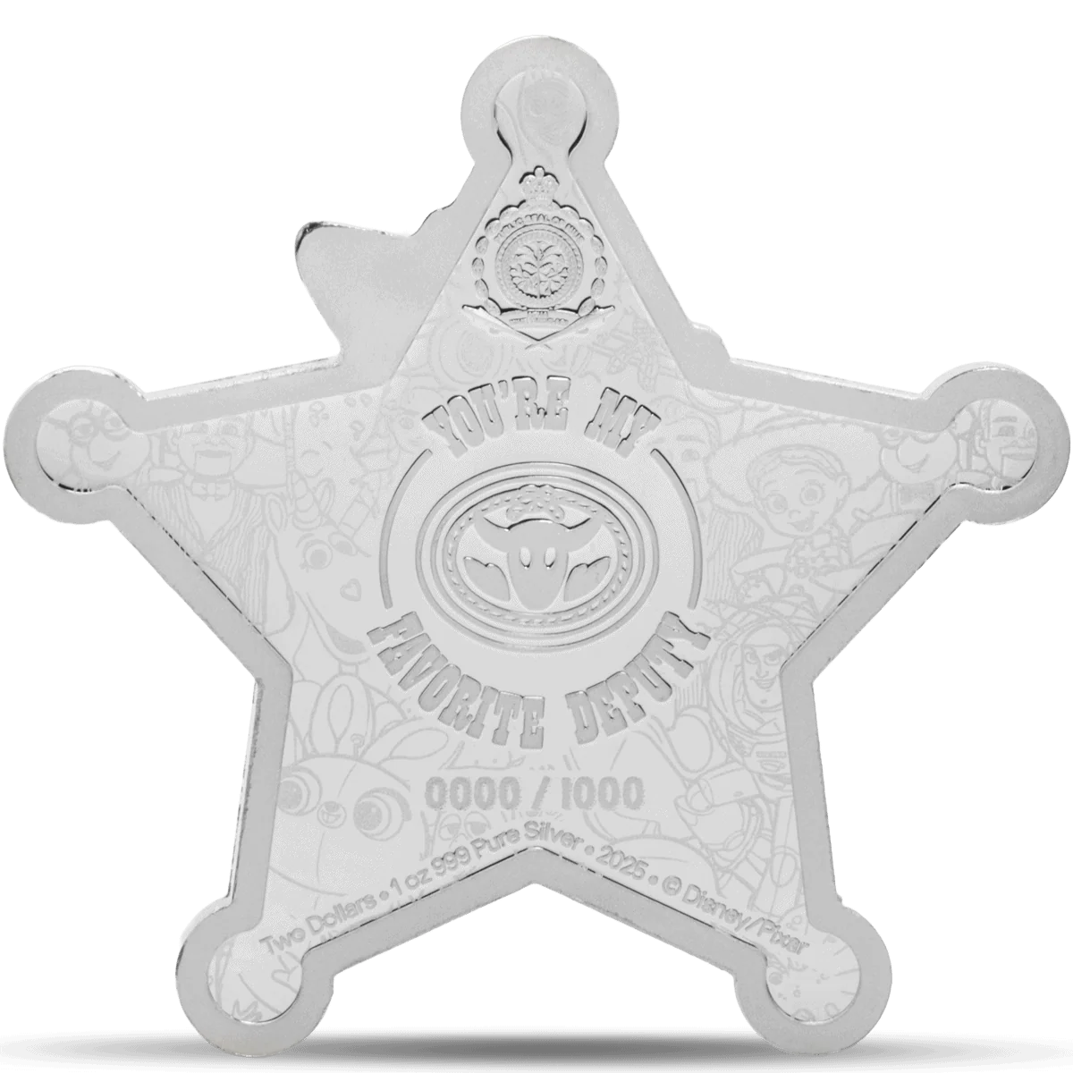 Shiny silver collectible Disney/Pixar "Luca" character star-shaped coin featuring the phrase "You're My Favorite Deputy," with engraved details and artwork in the background, valued at two dollars 2025.