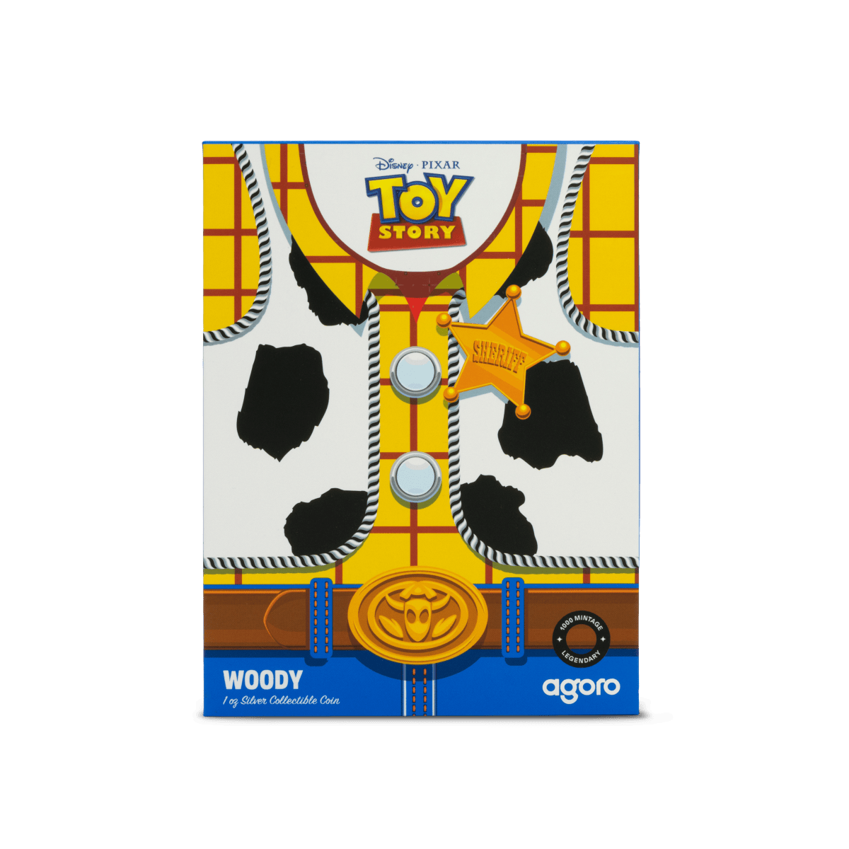 Toy story collectible coin featuring Woody dressed as a sheriff in a colorful sheriff's badge design from 2023, part of the Disney Pixar series, in special edition packaging.