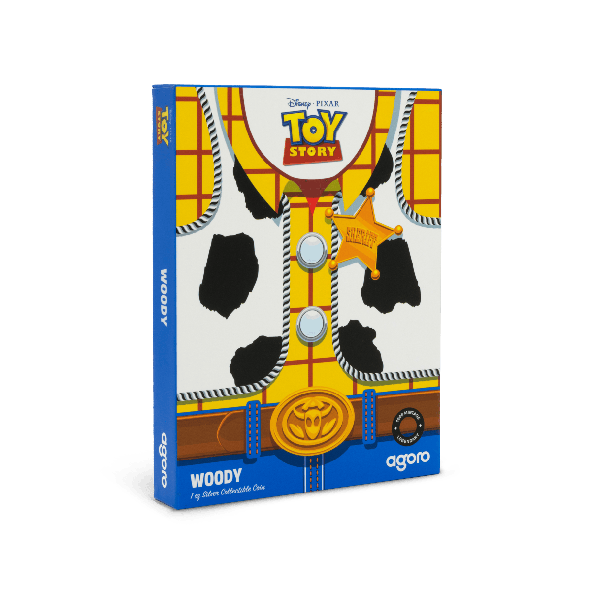Toy Story Woody Collectible Coin, 2023 Disney Pixar movie themed silver coin, features cowboy outfit details, sheriff badge, and Toy Story branding on packaging.