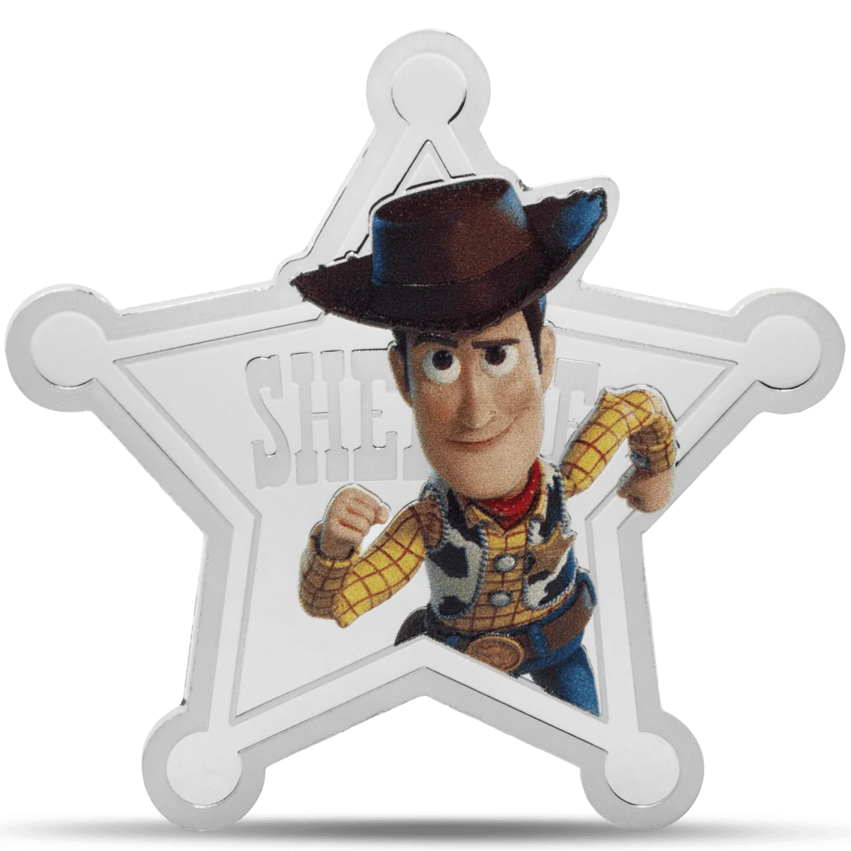 Sherriff woody character collectible coin from Toy Story series with engraved star shape Enamel design featuring Woody in cowboy hat and checkered shirt.