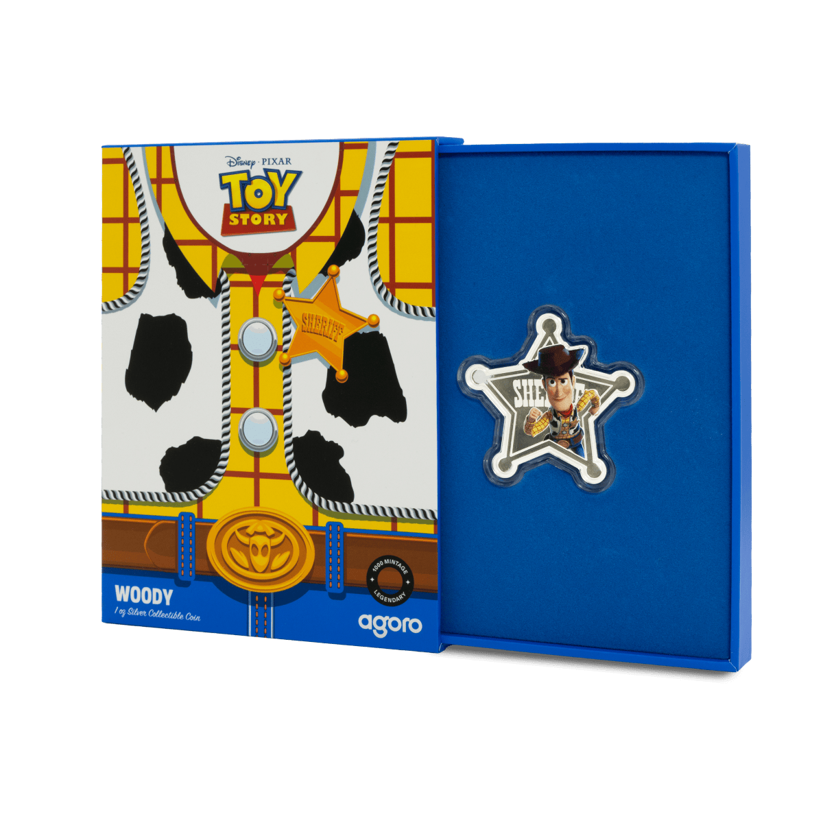 Colorful Toy Story Woody collectible coin set in presentation box featuring Sheriff badge and Woody figure.
