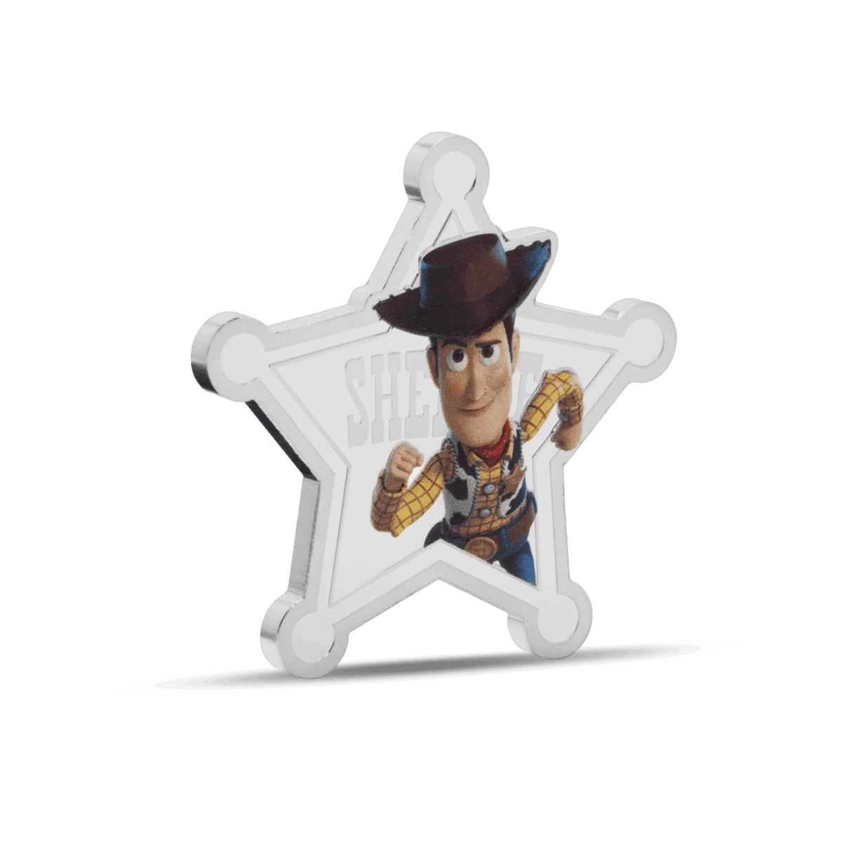 Toy Sheriff Woody character from Toy Story as a collectible coin with star-shaped backing, showcasing detailed illustration and the "SHERIFF" label on a black background.